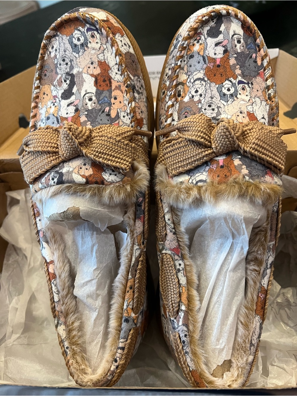 Skechers Dog-Print Faux Fur Moccasin Slippers in Tan and Multi-Color